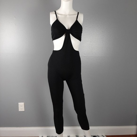 Do My Self Pants - DO MY SELF Womens Jumpsuit Size Large Black Ribbed Knit One Piece Cropped
